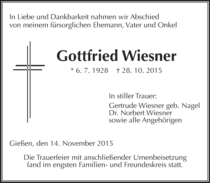  Traueranzeige für Gottfried Wiesner vom 14.11.2015 aus  Gießener Anzeiger