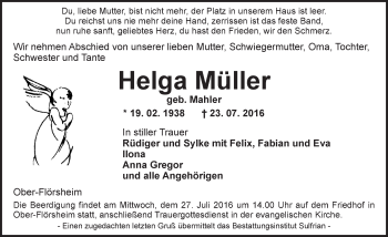 Traueranzeige von Helga Müller von Trauerportal Rhein Main Presse