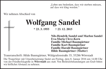 Traueranzeige von Wolfgang Sandel von  Allgemeine Zeitung Mainz