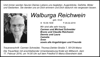 Traueranzeige von Walburga Reichwein von  Allgemeine Zeitung Mainz