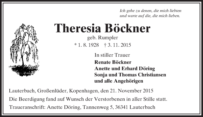  Traueranzeige für Theresia Böckner vom 21.11.2015 aus VRM Trauer