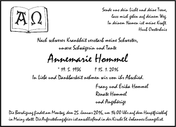Traueranzeige von Annemarie Hommel von  Allgemeine Zeitung Mainz