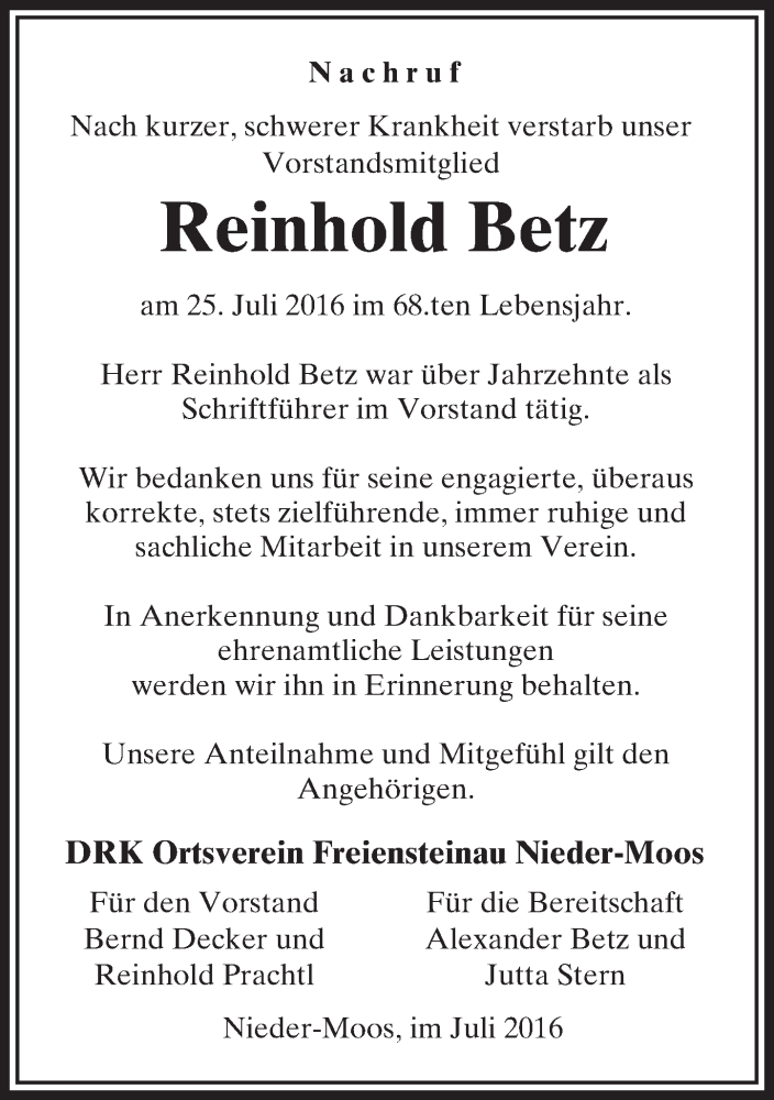  Traueranzeige für Reinhold Betz vom 29.07.2016 aus VRM Trauer