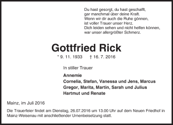 Traueranzeige von Gottfried Rick von Trauerportal Rhein Main Presse