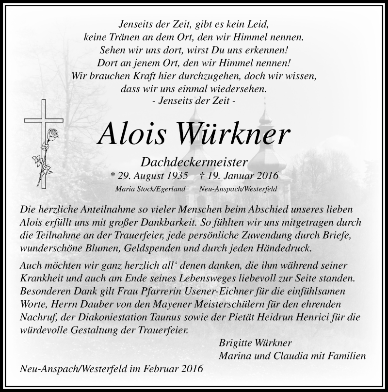  Traueranzeige für Alois Würkner vom 11.02.2016 aus  Usinger Anzeiger