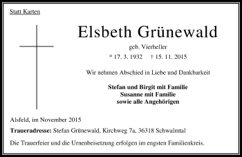 Traueranzeige von Elsbeth Grünewald von VRM Trauer