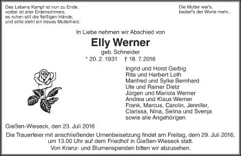 Traueranzeige von Elly Werner von  Gießener Anzeiger