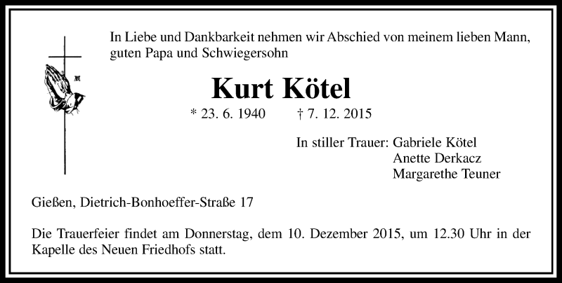  Traueranzeige für Kurt Kötel vom 09.12.2015 aus  Gießener Anzeiger