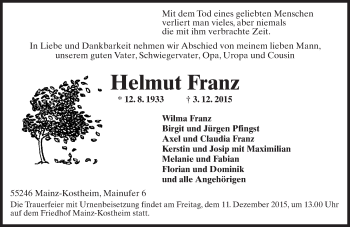 Traueranzeige von Helmut Franz von  Allgemeine Zeitung Mainz