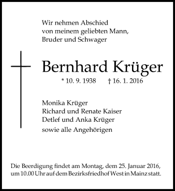 Traueranzeige von Bernhard Krüger von  Allgemeine Zeitung Mainz