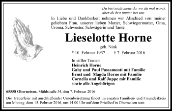 Traueranzeige von Lieselotte Horne von  Wiesbaden komplett