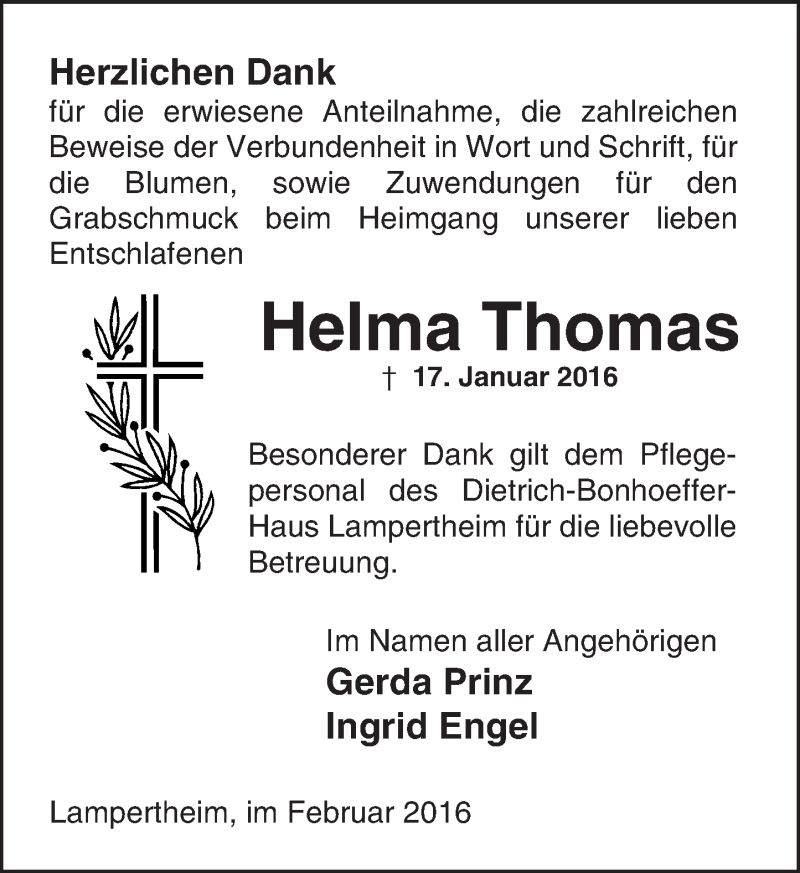  Traueranzeige für Helma Thomas vom 06.02.2016 aus  Bürstädter Zeitung