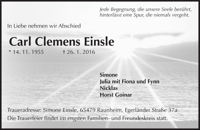  Traueranzeige für Carl Clemens Einsle vom 30.01.2016 aus  Mainspitze