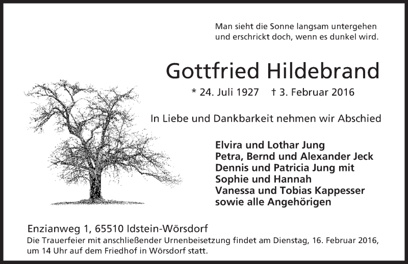  Traueranzeige für Gottfried Hildebrand vom 11.02.2016 aus  Idsteiner Zeitung