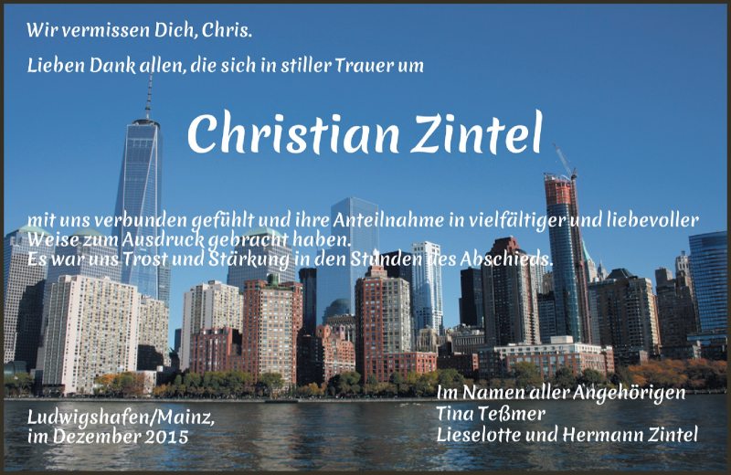  Traueranzeige für Christian Zintel vom 12.12.2015 aus  Allgemeine Zeitung Mainz