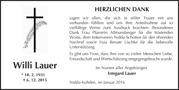 Traueranzeige von Willi Lauer von  Sonntags Anzeiger