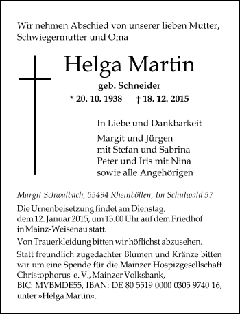 Traueranzeige von Helga Martin von  Allgemeine Zeitung Mainz