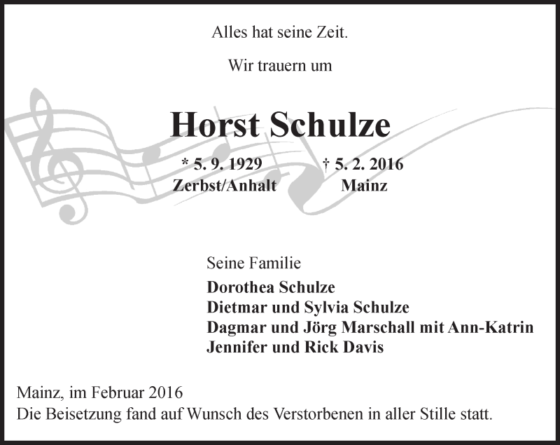  Traueranzeige für Horst Schulze vom 20.02.2016 aus  Allgemeine Zeitung Mainz