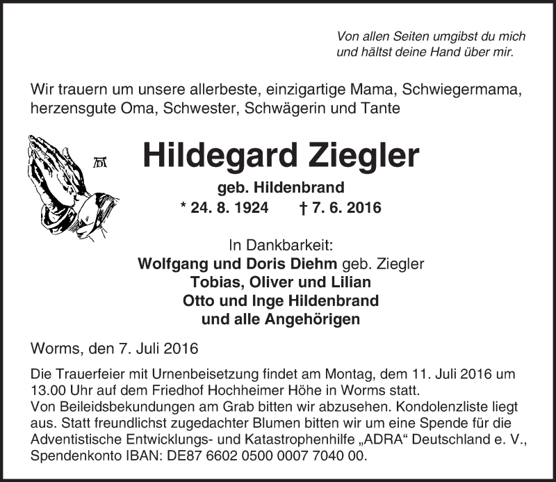  Traueranzeige für Hildegard Ziegler vom 07.07.2016 aus Trauerportal Rhein Main Presse