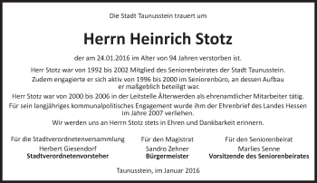 Traueranzeige von Heinrich Stotz von  WK-UTA/Aar-Bote