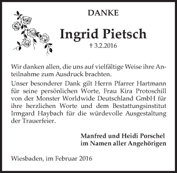 Traueranzeige von Ingrid Pietsch von  Wiesbaden komplett