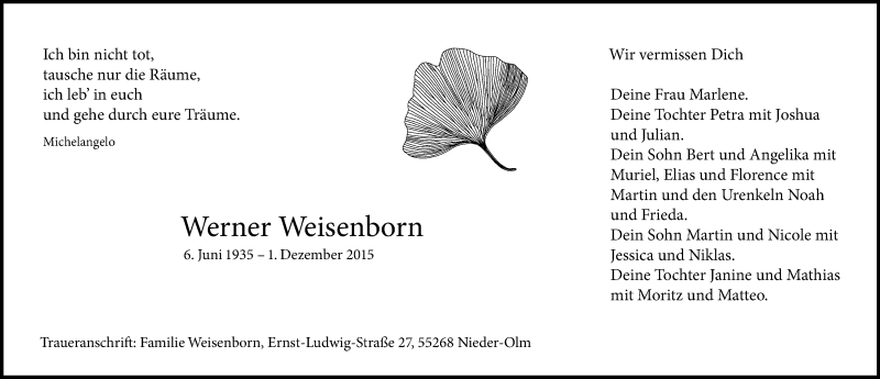  Traueranzeige für Werner Weisenborn vom 05.12.2015 aus  Allgemeine Zeitung Mainz
