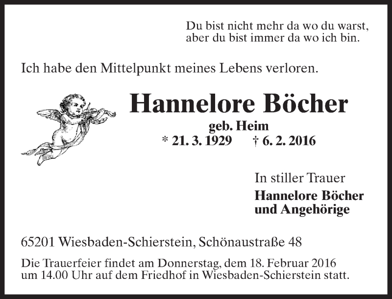 Traueranzeige für Hannelore Böcher vom 13.02.2016 aus  Wiesbaden komplett