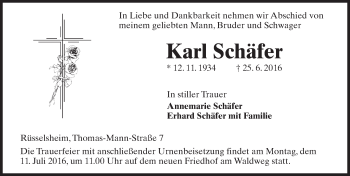 Traueranzeige von Karl Schäfer von Trauerportal Rhein Main Presse
