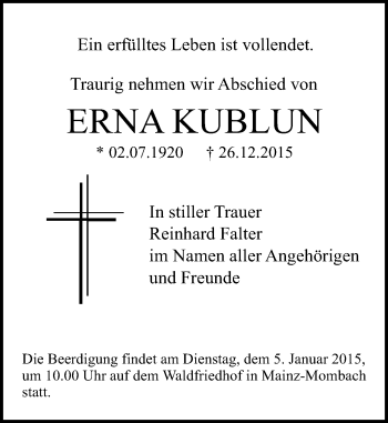 Traueranzeige von Erna Kublun von  Allgemeine Zeitung Mainz