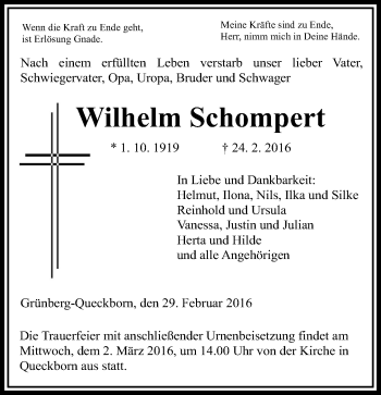 Traueranzeige von Wilhelm Schompert von  Gießener Anzeiger