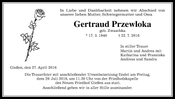 Traueranzeige von Gertraud Przewloka von  Gießener Anzeiger