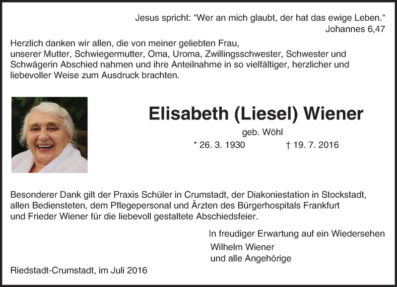  Traueranzeige für Elisabeth Wiener vom 30.07.2016 aus Trauerportal Echo Online