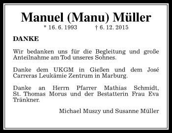 Traueranzeige von Manuel Müller von  Gießener Anzeiger