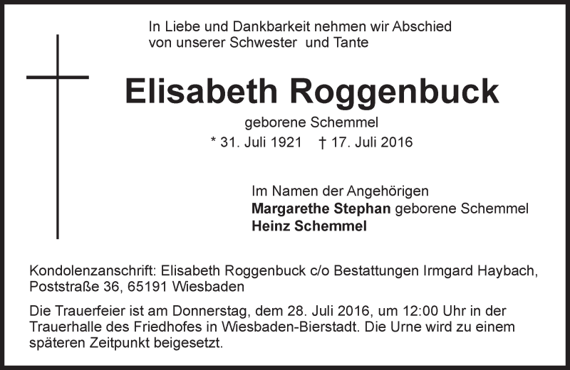  Traueranzeige für Elisabeth Roggenbuck vom 23.07.2016 aus Trauerportal Rhein Main Presse