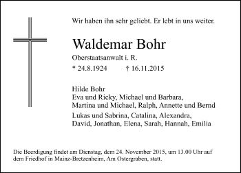 Traueranzeige von Waldemar Bohr von  Allgemeine Zeitung Mainz