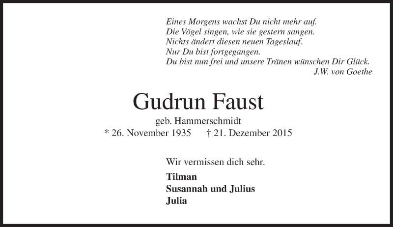  Traueranzeige für Gudrun Faust vom 24.12.2015 aus  Wiesbaden komplett