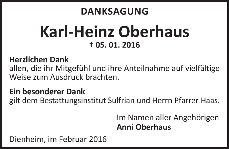  Traueranzeige für Karl-Heinz Oberhaus vom 16.02.2016 aus  Landskrone