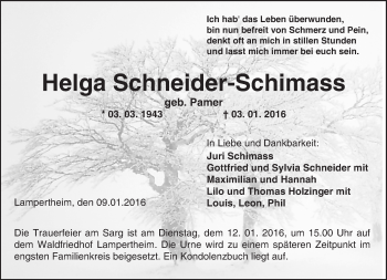 Traueranzeige von Helga Schneider-Schimass von  Bürstädter Zeitung