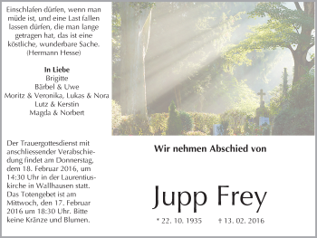Traueranzeige von Jupp Frey von  Allg. Zeitung Bad Kreuznach
