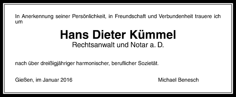  Traueranzeige für Hans Dieter Kümmel vom 30.01.2016 aus  Gießener Anzeiger