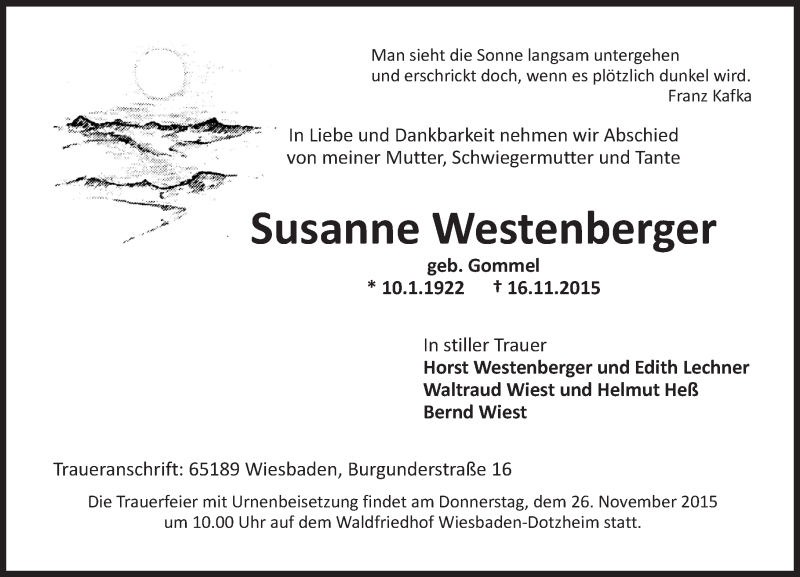  Traueranzeige für Susanne Westenberger vom 21.11.2015 aus  Wiesbaden komplett