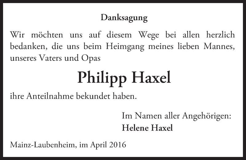  Traueranzeige für Philipp Haxel vom 02.04.2016 aus  Allgemeine Zeitung Mainz