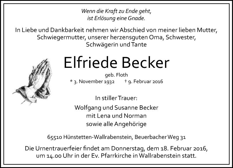  Traueranzeige für Elfriede Becker vom 13.02.2016 aus  Idsteiner Zeitung