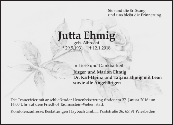 Traueranzeige von Jutta Ehmig von  Wiesbaden komplett