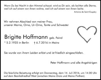 Traueranzeige von Brigitte Hoffmann von Trauerportal Rhein Main Presse