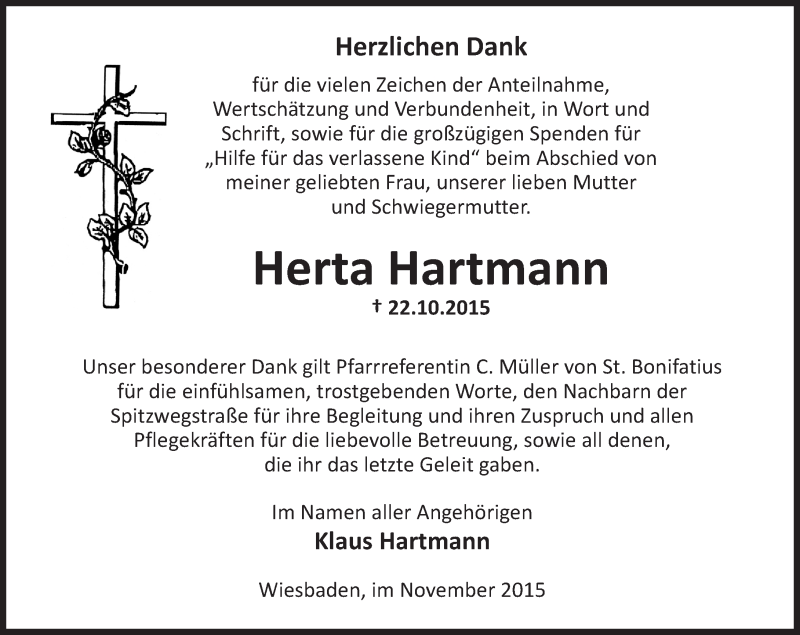  Traueranzeige für Herta Hartmann vom 21.11.2015 aus  Wiesbaden komplett