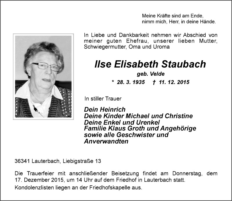  Traueranzeige für Ilse Elisabeth Staubach vom 15.12.2015 aus VRM Trauer
