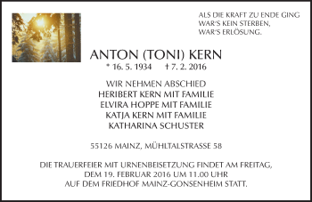 Traueranzeige von Anton Kern von  Allgemeine Zeitung Mainz