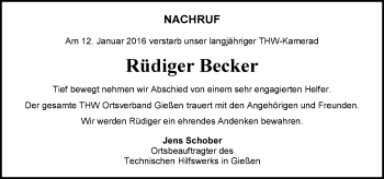 Traueranzeige von Rüdiger Becker von  Gießener Anzeiger