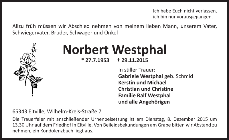  Traueranzeige für Norbert Westphal vom 02.12.2015 aus  Rheingau